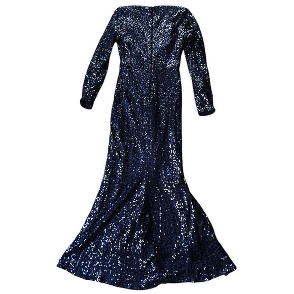Badgley Mischka Split Leg Long-Sleeve Blue Sequined Dress 0 - Picture 6 of 7